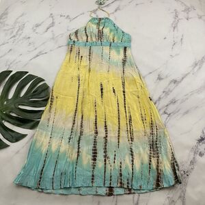 BCBG MaxAzria Womens Vintage Y2k Halter Dress Size 8 Blue Yellow Tie Dye Pleated